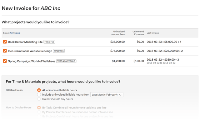 image of Harvest invoicing, project selection step