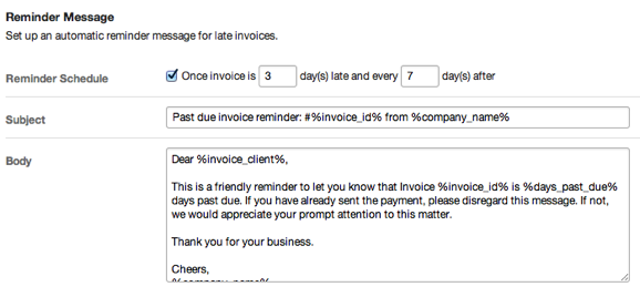 Automatic recurring late invoice reminder setting screenshot