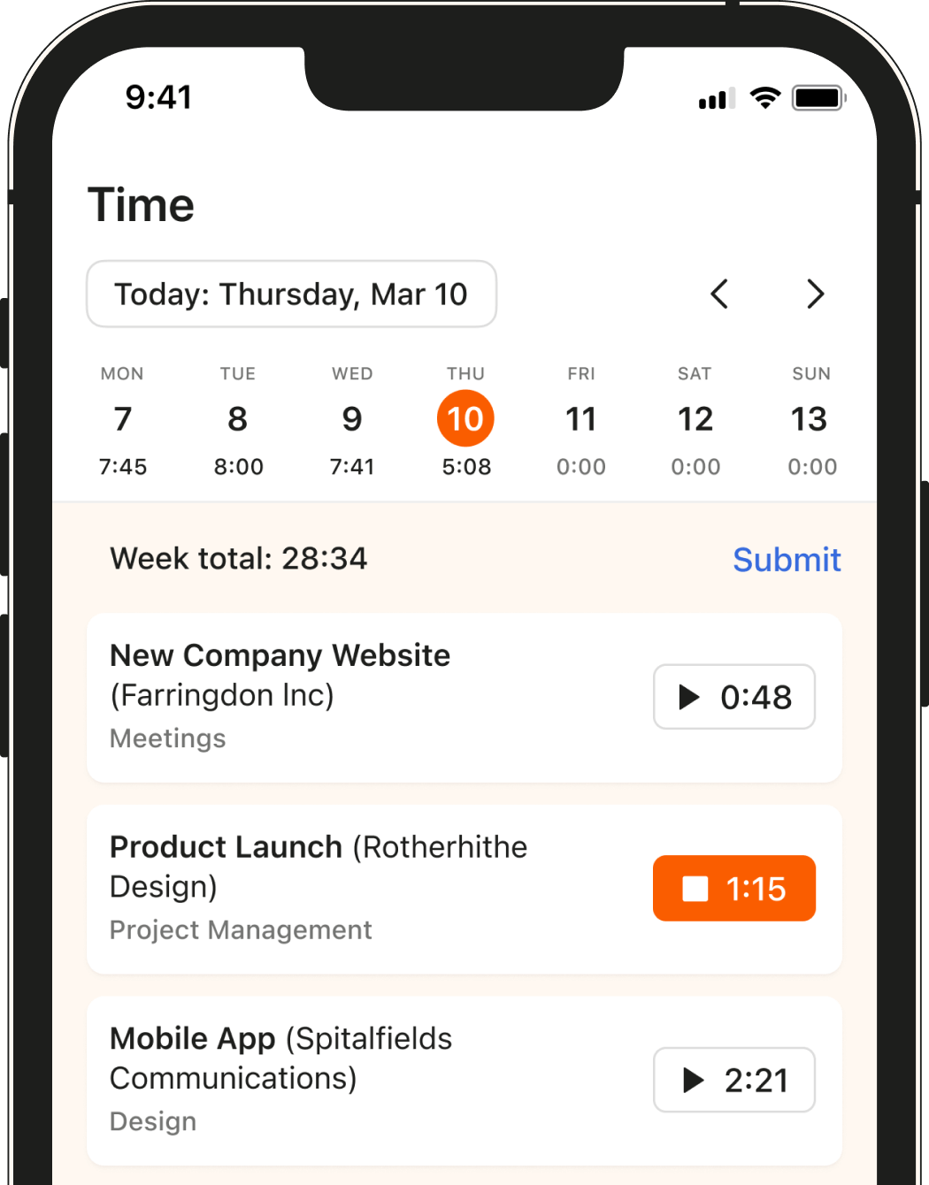 Mobile time tracking app for iPhone