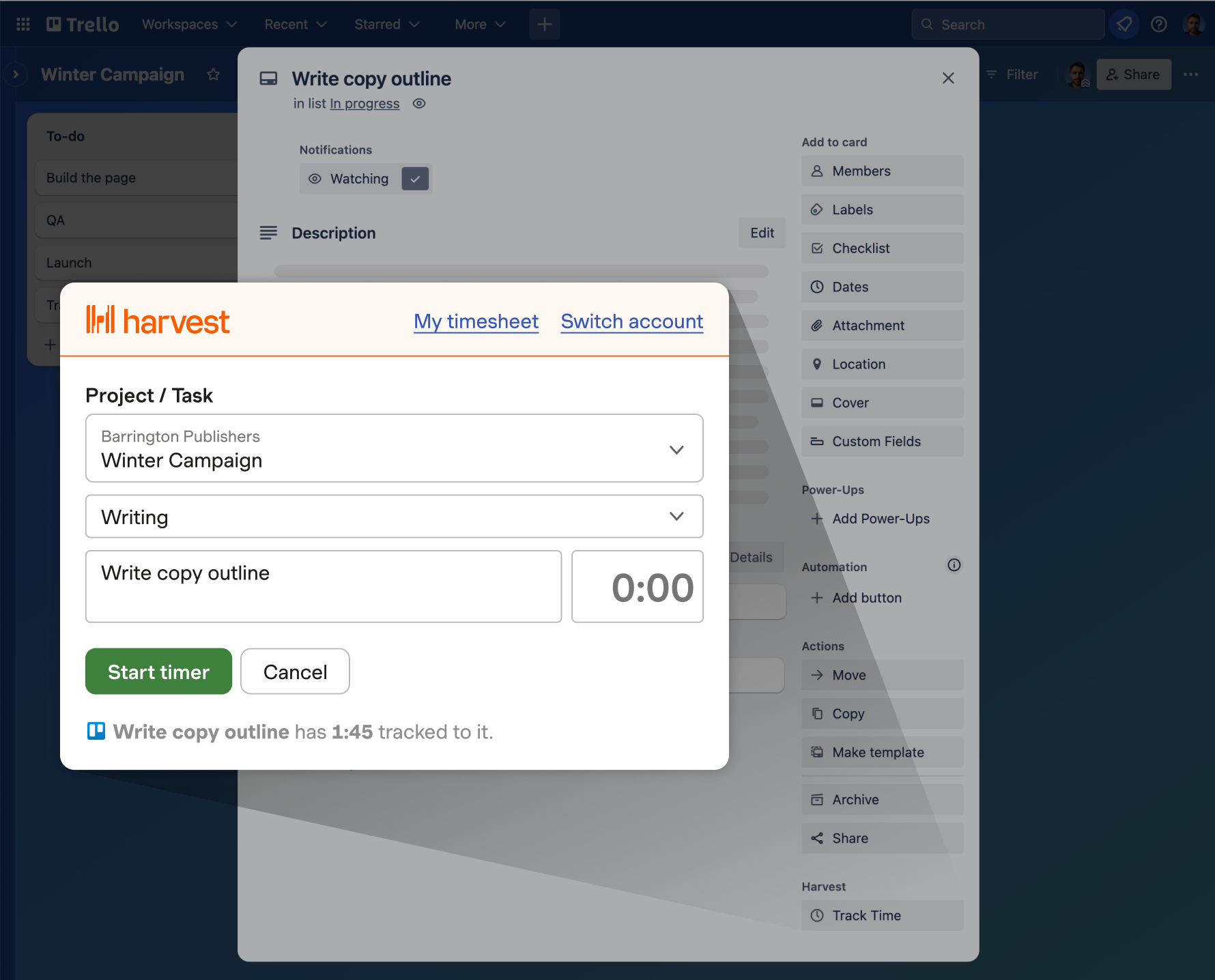 Trello Time Tracking Integration - Harvest