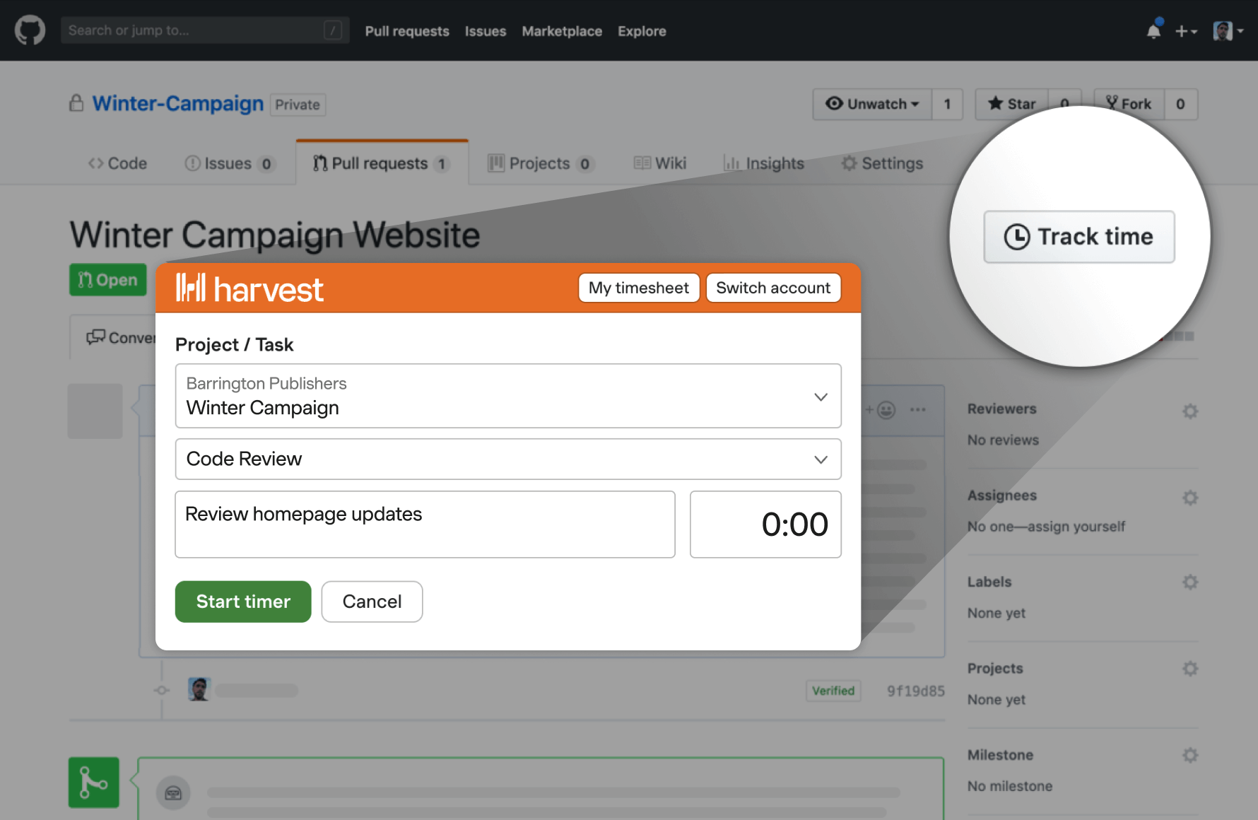 GitHub Time Tracking Integration Harvest