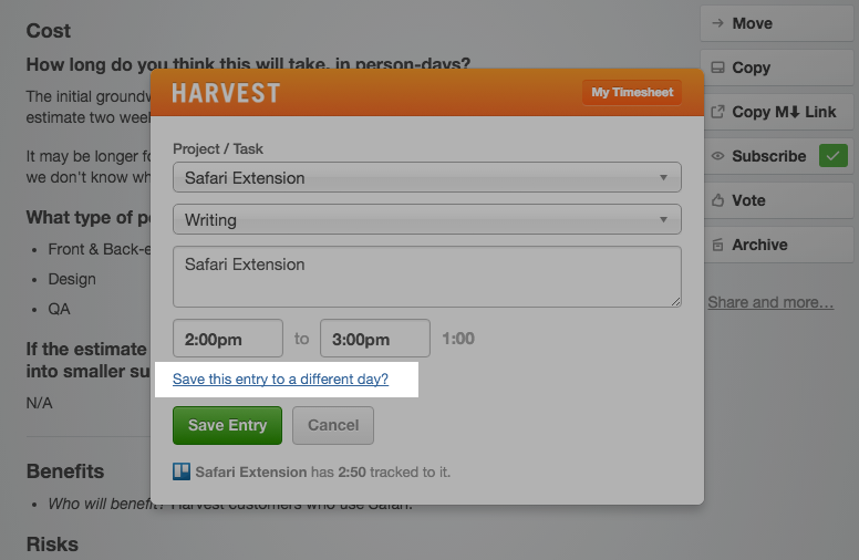 Changing date from Harvest Button