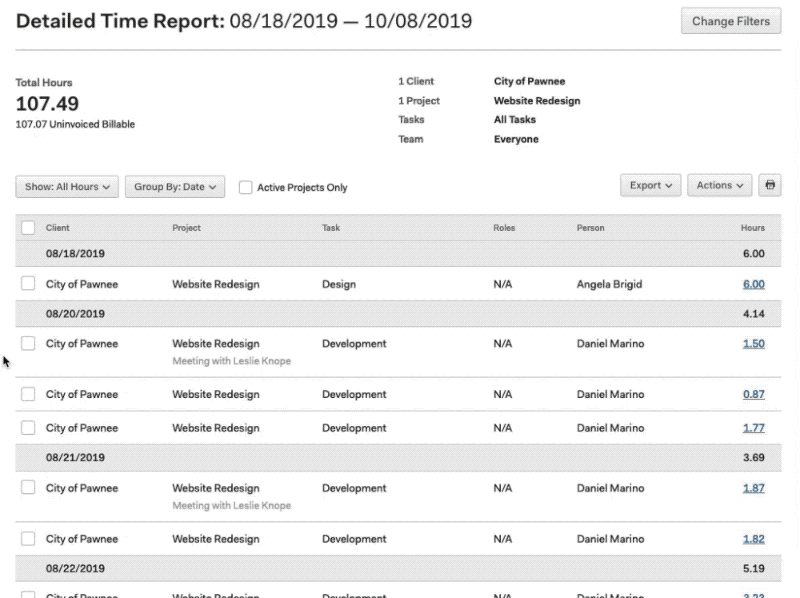 Animated gif of selecting time entries on the Detailed Time Report