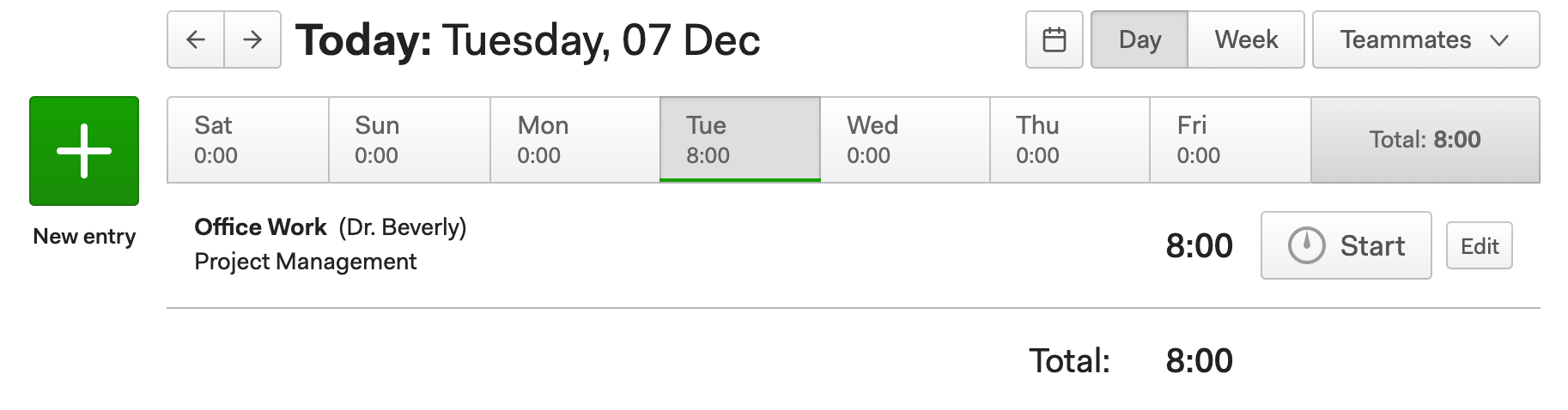 Image of a Harvest timesheet with the duration tracked to a timer