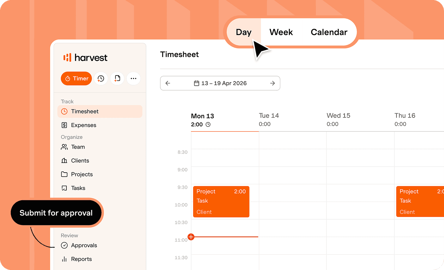 Harvest project timesheet with recorded time entries