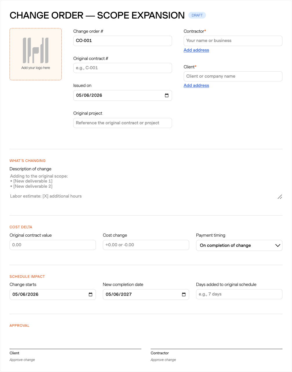 Harvest interface showing change order tracking features in a construction project.