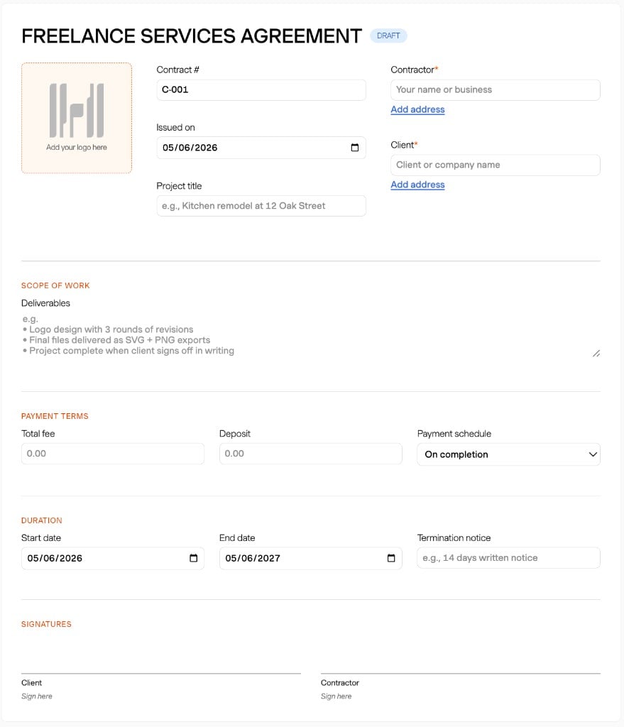 Screenshot van Harvest's facturatietool, aangepast voor Deens contractbeheer